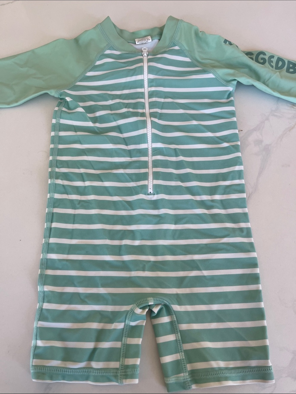 Kids Mint & White Striped Zip-Front One-Piece Footie by